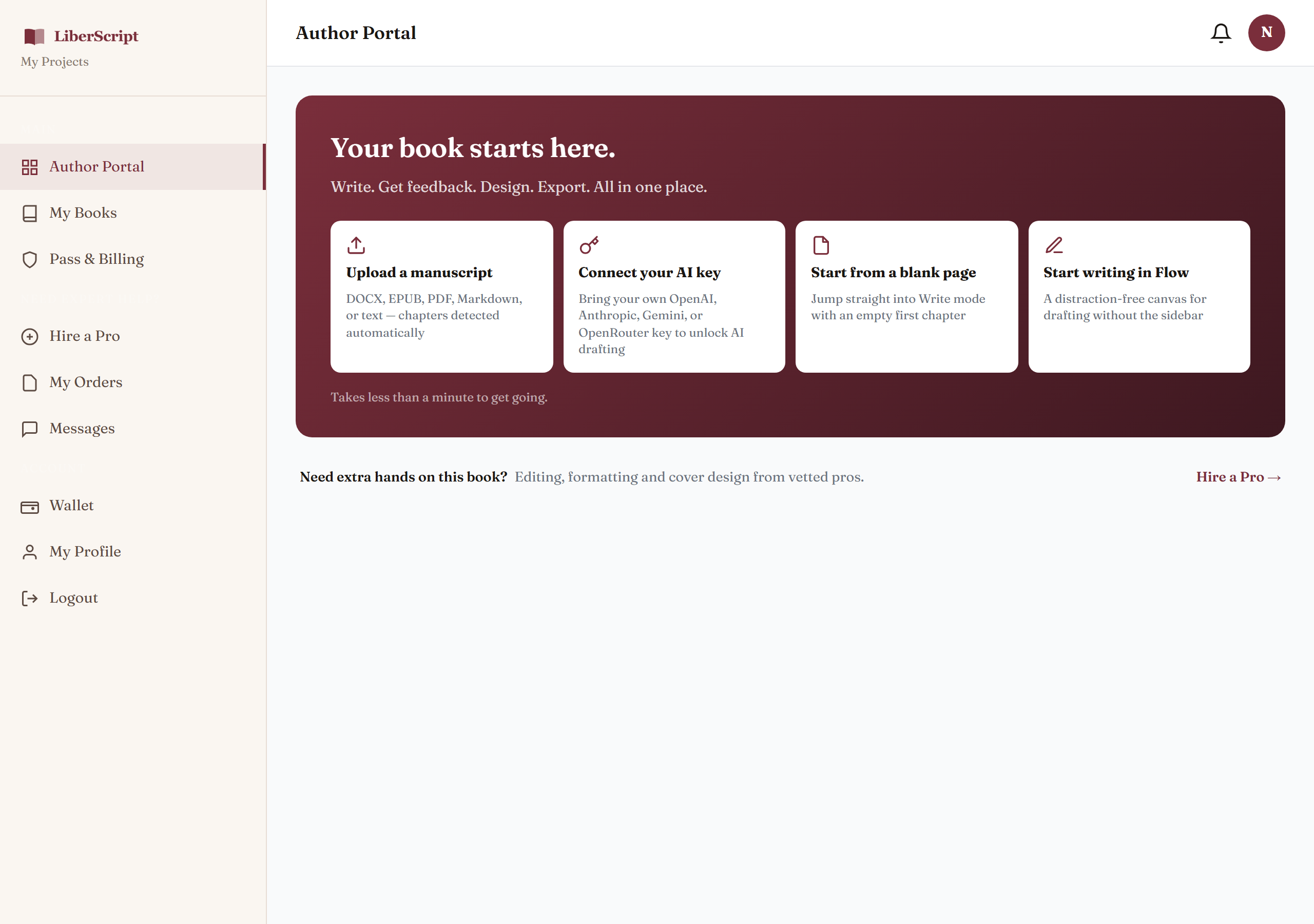 The LiberScript dashboard's Start-a-book panel, with options to upload a manuscript, connect an AI key, start from a blank page, or start writing in Flow