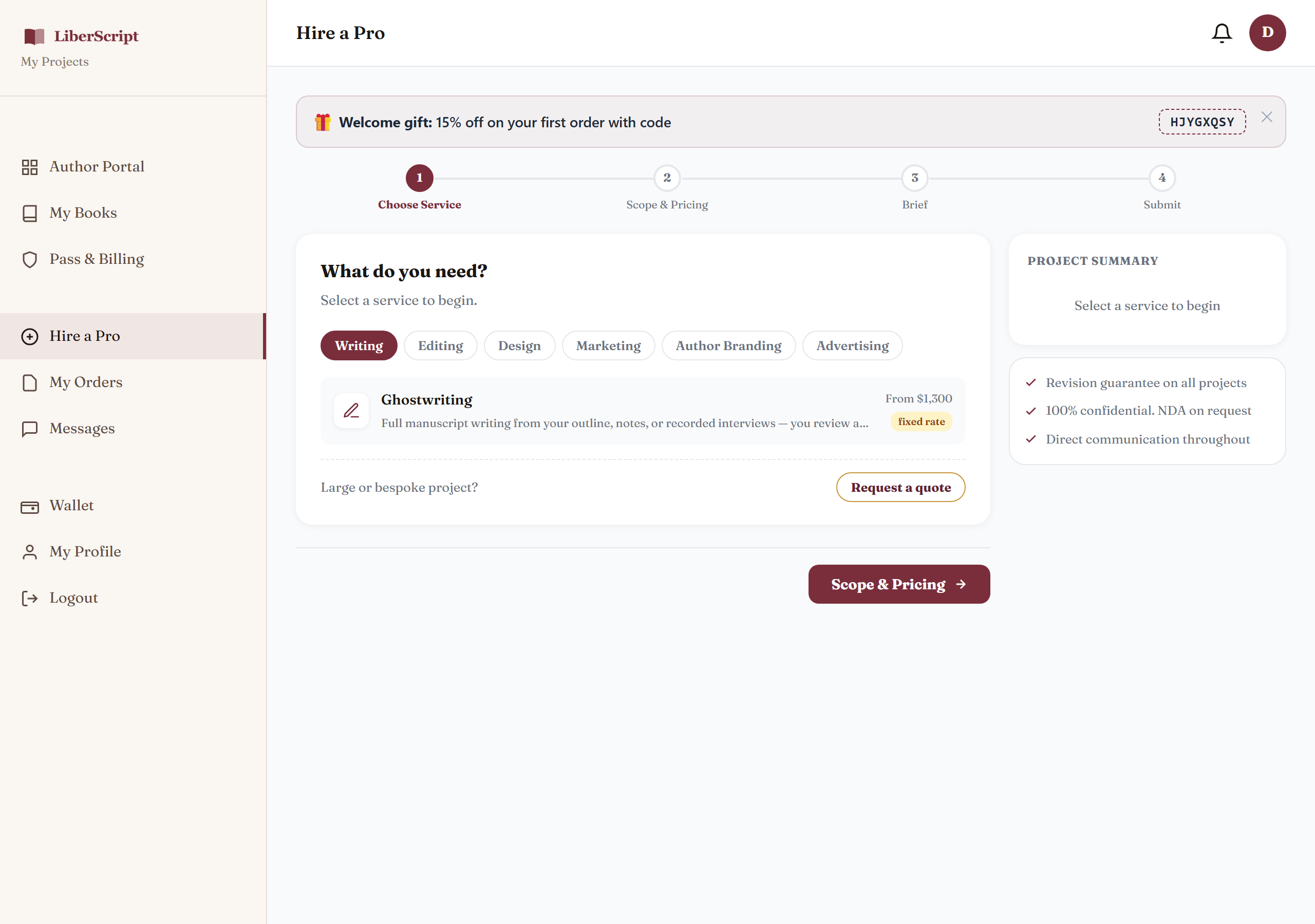 The Hire a Pro order form: a four-step progress bar, a Ghostwriting service card with its starting price, and a project summary panel