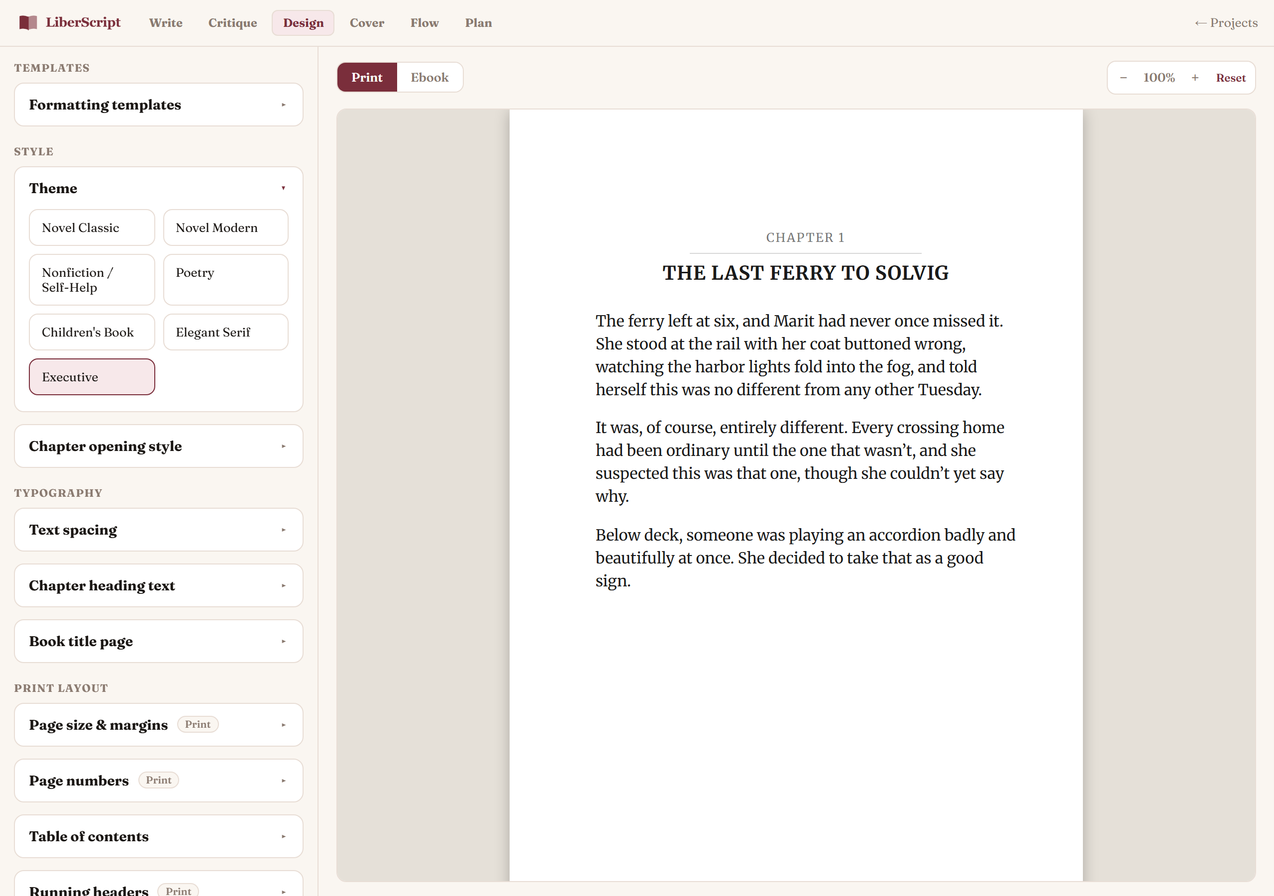 The Design Studio's settings panel on the left and a live paginated print preview of a chapter on the right