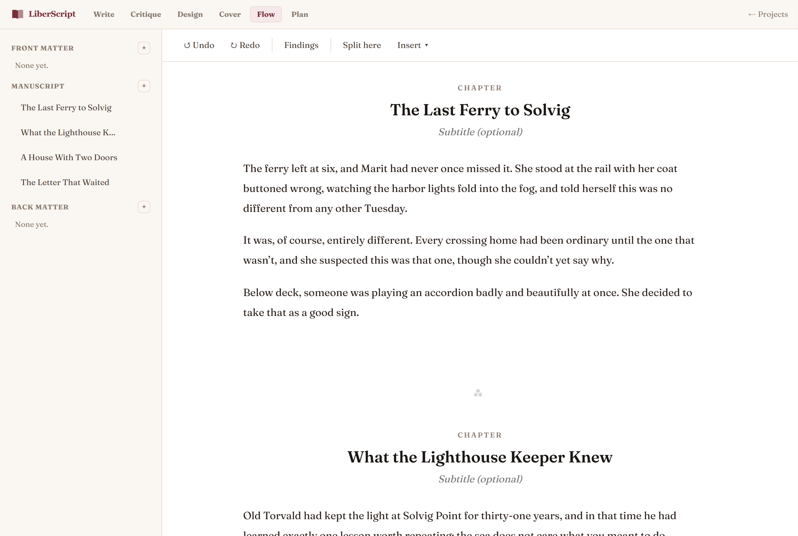 Flow mode showing a continuous, book-styled manuscript with chapter openers and a scene-break divider