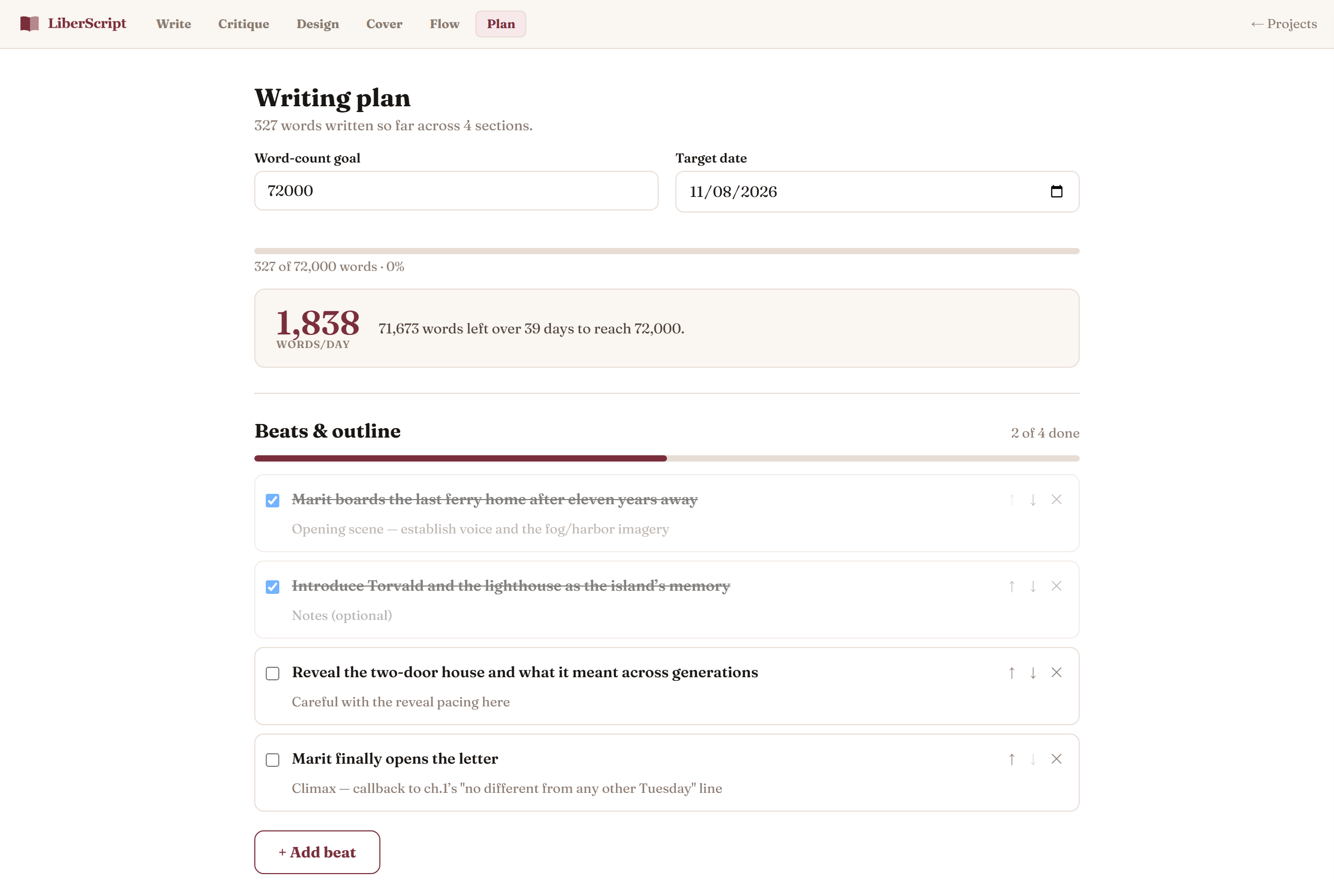 The Plan tab showing a word-count goal, computed daily pace, and a list of story beats with two marked done