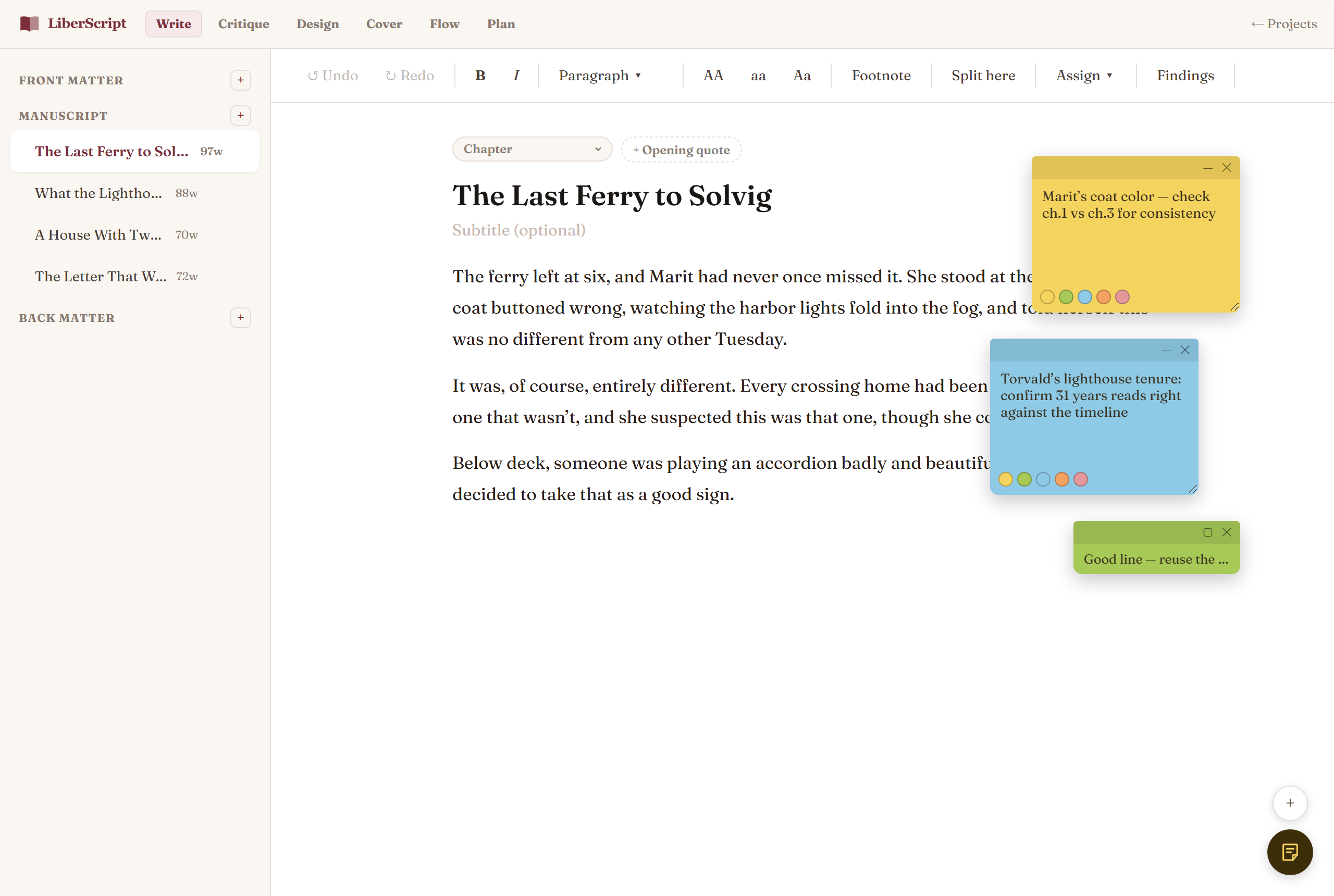 Three colored sticky notes on the editor canvas, one minimized to a compact preview card