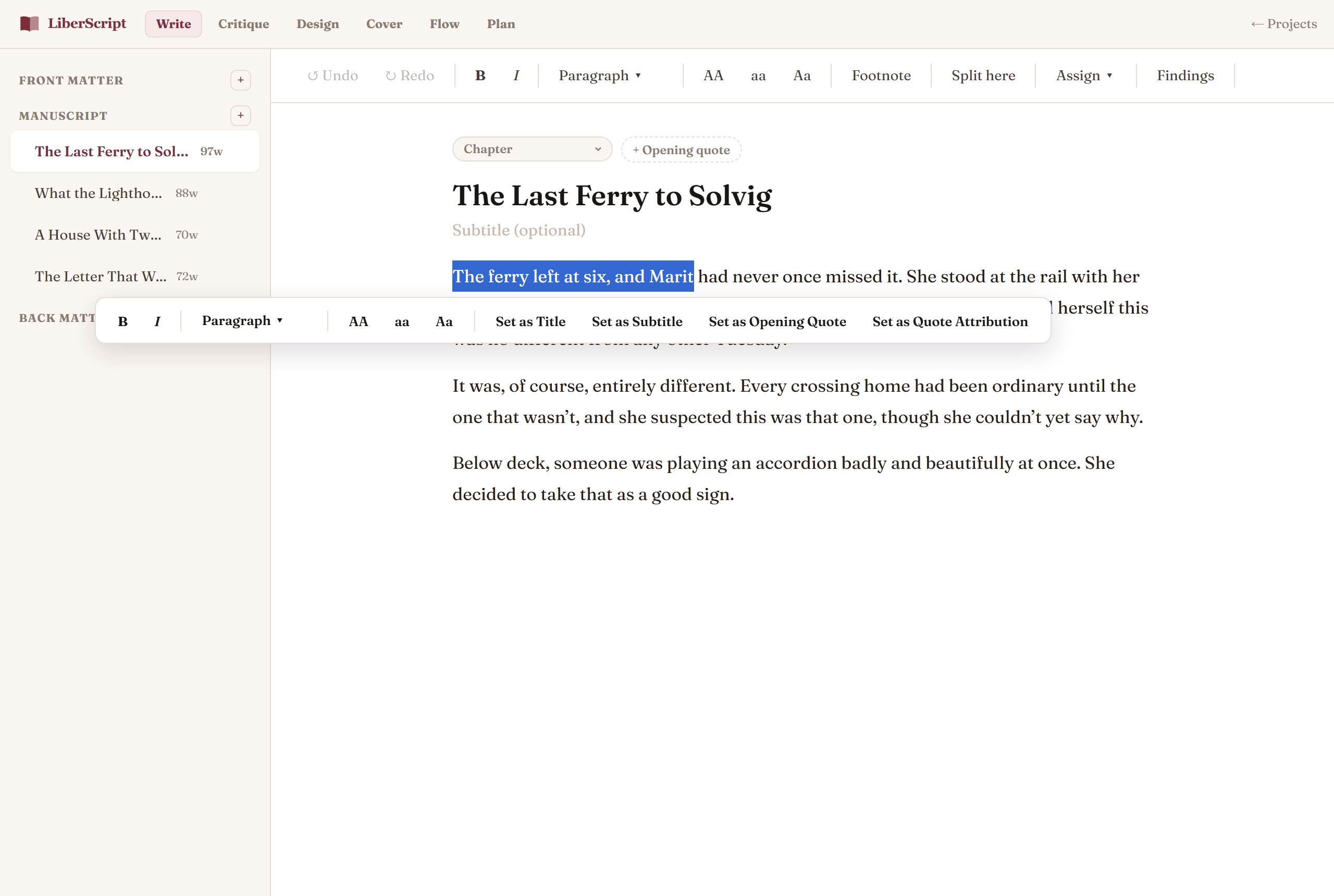 A phrase selected in the manuscript text, with the floating selection toolbar showing formatting and Set as Title/Subtitle/Opening Quote/Quote Attribution options