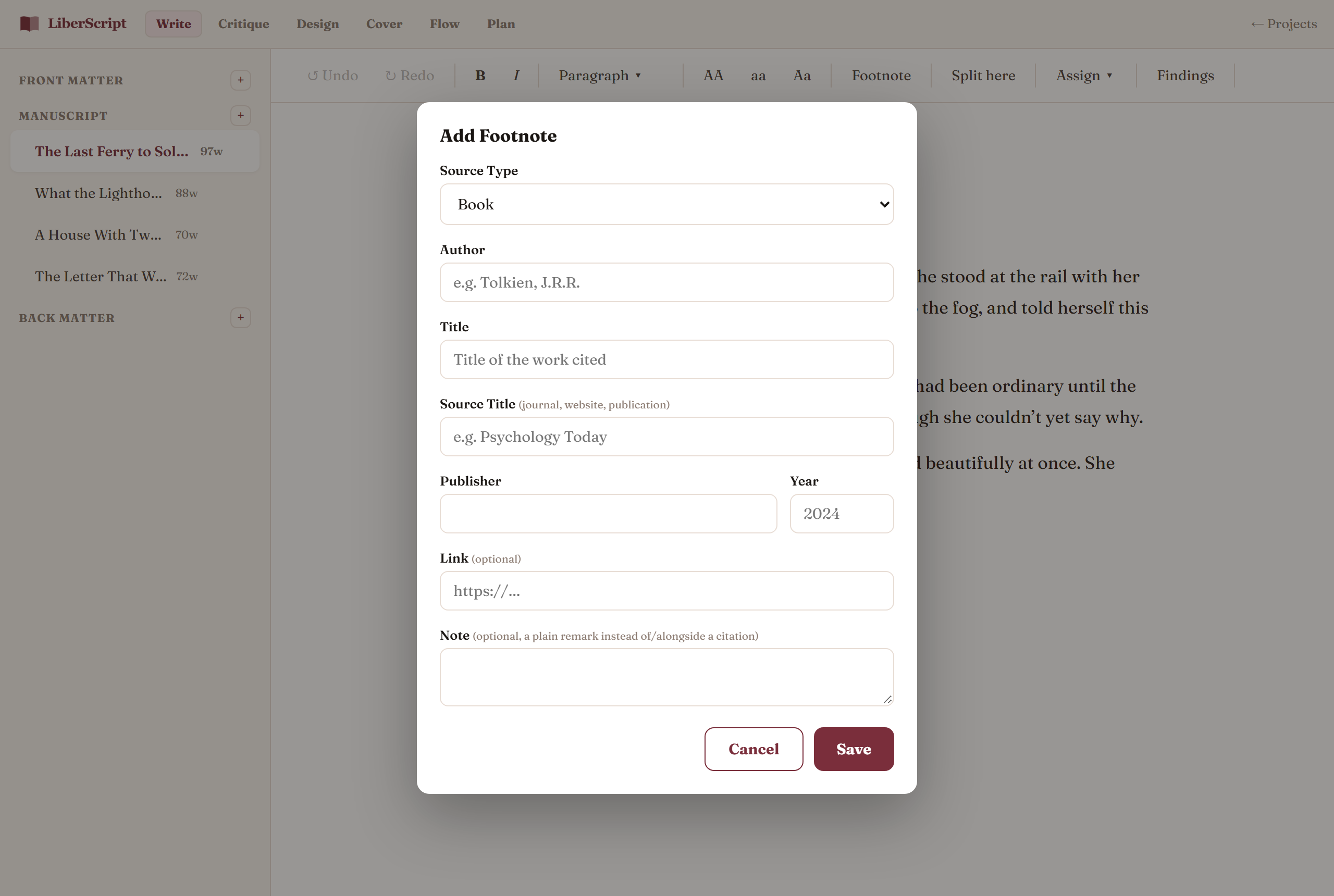 The Add Footnote form with fields for source type, author, title, source title, publisher, year, link, and a plain note