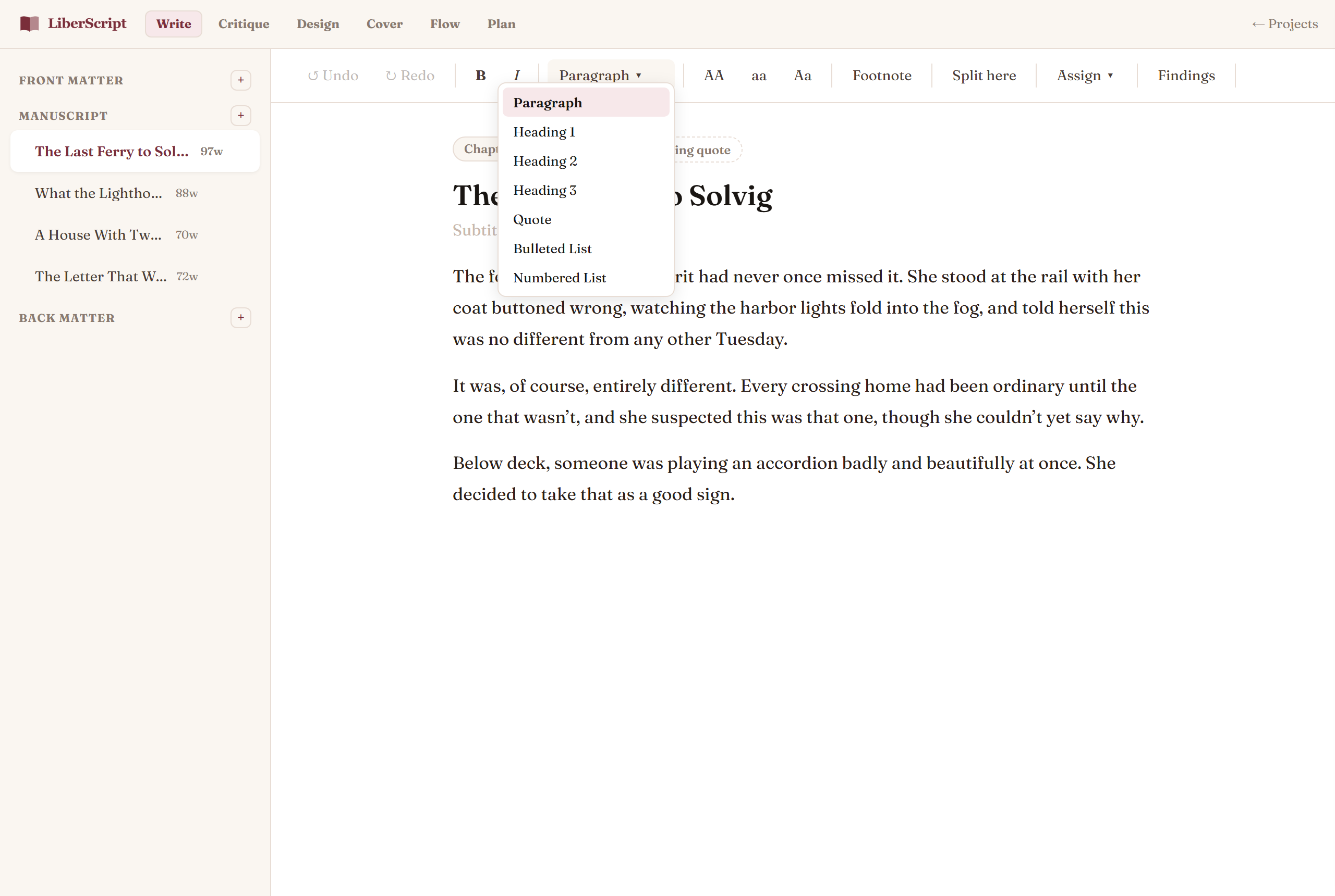 The Format dropdown open, showing Paragraph, Heading 1-3, Quote, Bulleted List, and Numbered List options
