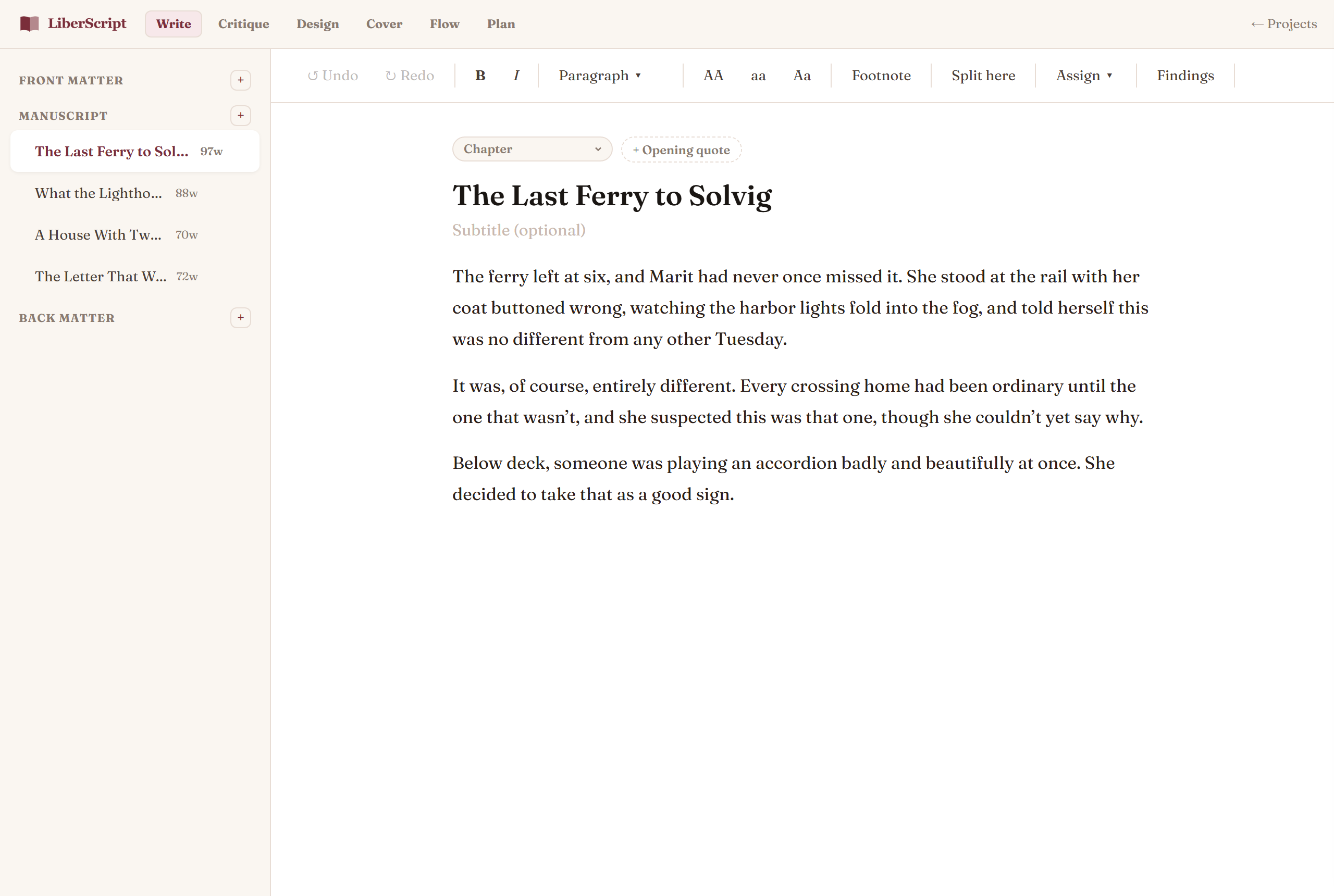 LiberScript Write mode showing the chapter sidebar, formatting toolbar, and a chapter open for writing